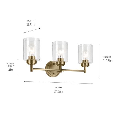 Kichler Winslow 3-Light Vanity Light, 21.5" Natural Brass, Clear Seeded Glass, Model 45886NBR, Luxe Industrial Design