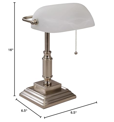 V- Light White Shade Led Desk Lamp, Vintage Lamp, Study Lamp, Or Reading Light, Brushed Nickel Finish 6.5 X 6.5 X 14.8