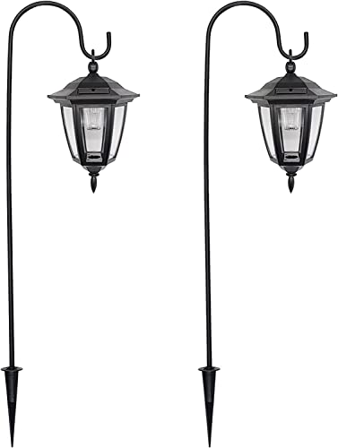 Maggift 34 Inch Hanging Solar Lights  Decorative Garden Lanterns with 2 Shepherd Hooks  Solar Powered Coach Lights  Warm White LED Outdoor Lighting for Landscape  Yard  Pathway and Patio  2 Pack