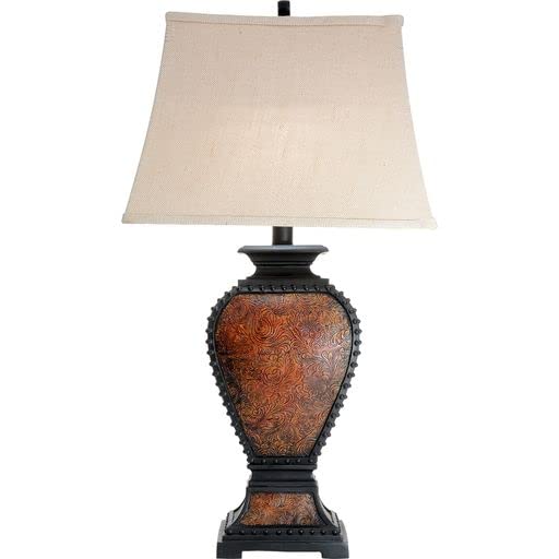 Black Forest D?Or Western Tooled Leather Table Lamp - Rustic Faux Leather Shade For Cabin Decor