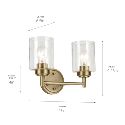 Kichler Winslow 13'' 2-Light Vanity Light With Clear Seeded Glass In Natural Brass For Bathroom Vanity, Luxe Industrial, (13'' X