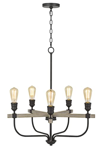 Cal 60W x 5 Sion Metal Chandelier, Natural Wood/Iron, Model FX-3734-5, Size 26 x 26 x 29.5 inches