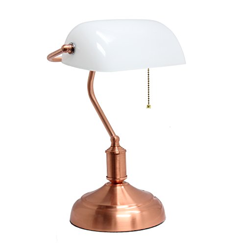 Simple Designs Lt3216-Rgd Executive Banker'S Desk Lamp With White Glass Shade, Rose Gold