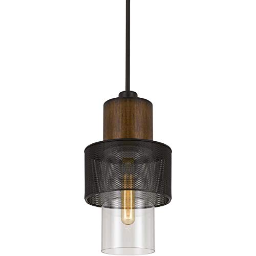 Cal Lighting FX-3726-1P Transitional One Light Pendant, 8 inches, Black Finish, Metal/Glass/Pine Wood
