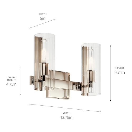 Kichler Jemsa 2 Light Vanity, Modern Light With Clear Fluted Glass In Polished Nickel For Bathroom Or Powder Room (9.75'' X 13.7