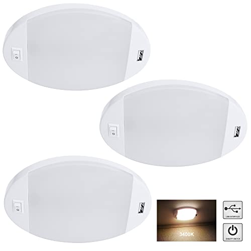 Facon LED Pancake Light with USB Charger, 12V Ceiling Dome Light, 3 Pack, White, Model DDS01-608USB