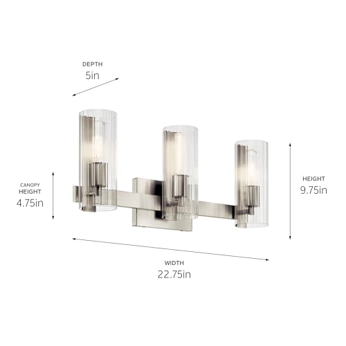KICHLER Jemsa 3 Light Vanity, Modern Light with Clear Fluted Glass in Brushed Nickel for Bathroom or Powder Room (9.75 x 22.75),