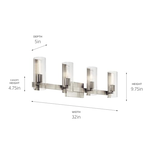 Kichler Jemsa 4 Light Vanity, Modern Light With Clear Fluted Glass In Brushed Nickel For Bathroom Or Powder Room (9.75'' X 32'')