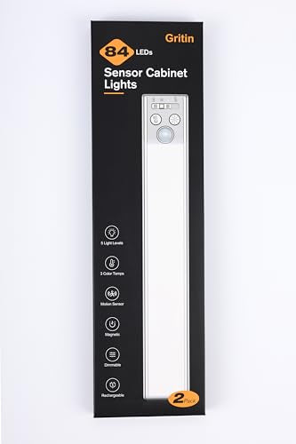 Gritin 10.2Inch Under Cabinet Lighting Rechargeable -84 Led Super Bright 3-Color& 5 Level Brightness 4 Modes Motion Sensor  Long Lasting- Easy Installation Magnetic Closet Lights -2 Pack-Bronze