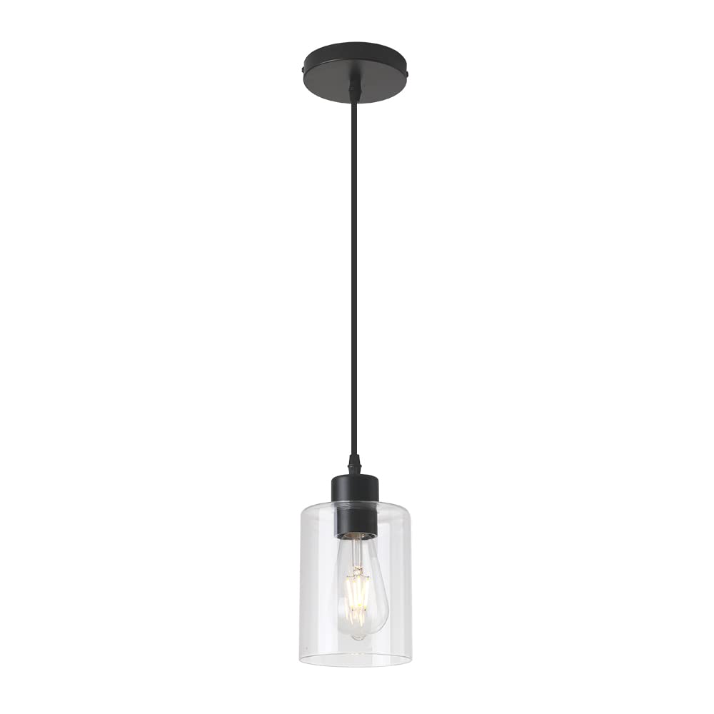 KLSS Modern Black Farmhouse Clear Glass Cylinder Pendant Light Fixture,Island Lights for Kitchen,Mini Pendant Lighting for Kitch