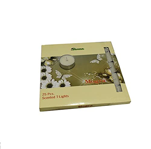 Stone & Feather Mogra Scented T-Light Candles (White) Paraffin Wax Long Burning time -5 Hours Each, Pack of 25, for Diwali, Home