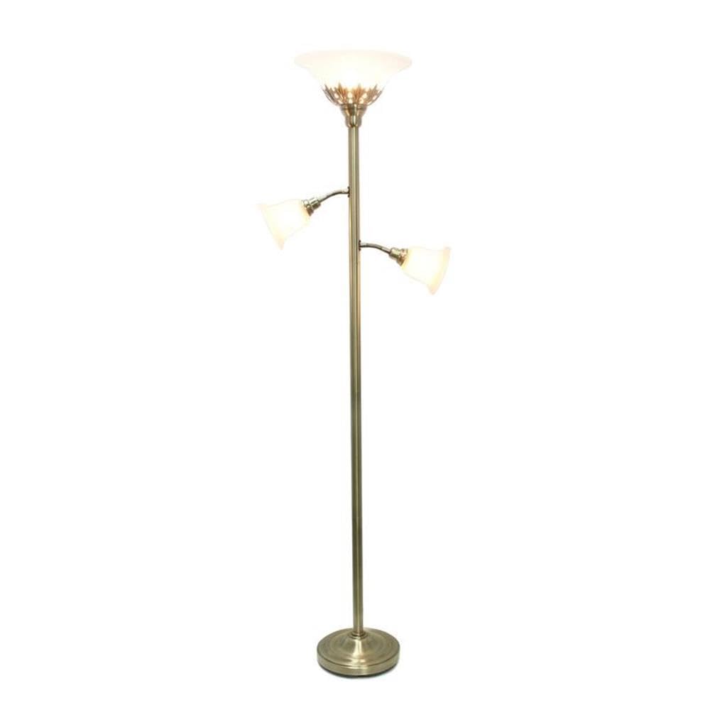 Lalia Home Torchiere Floor Lamp with 2 Reading Lights, Metal, Antique Brass/White Shades, Model LHF-3002-AB
