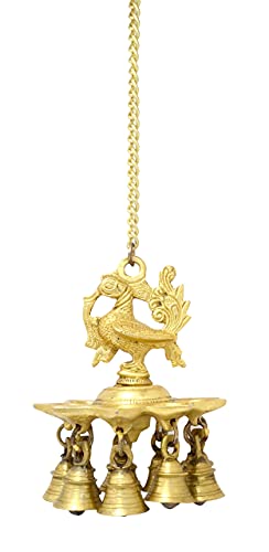 Two Moustaches Peacock Design Brass Hanging Diya with Bells, Hanging Lamp, Pooja Lamp, 1.1 Kg Hanging Lamp Diya, 4 Inches Diya,