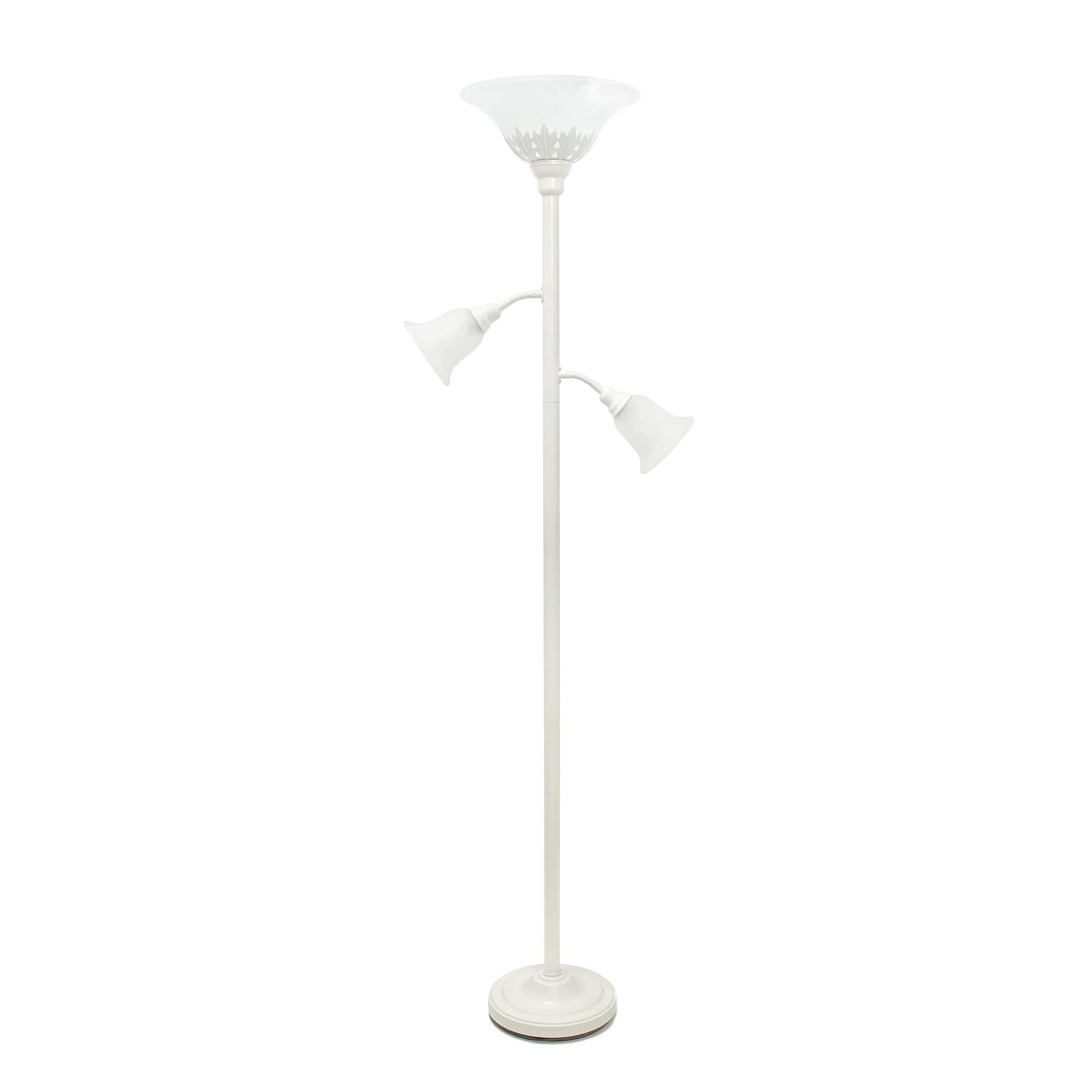 Lalia Home Torchiere Floor Lamp With 2 Reading Lights And Scalloped Glass Shades, White