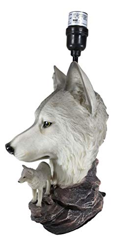 Ebros Gift Wildlife Rustic Full Moon Gray Wolf Akela Head Bust With Howling Wolves On Rocks Sculptural Desktop Side Table Lamp With Shade Home Furnishing 19"Tall Wolves Timber Wolf Family Decor Statue