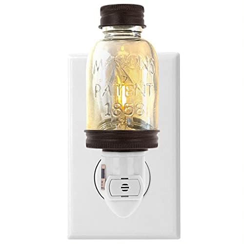 Rustic Mini Mason Jar Night Light In Bronze | Auto On/Off Sensor | Plug In Farmhouse Wall Decor | Cute Country Night Light | Energy Efficient Led Bulb | Timeless Design
