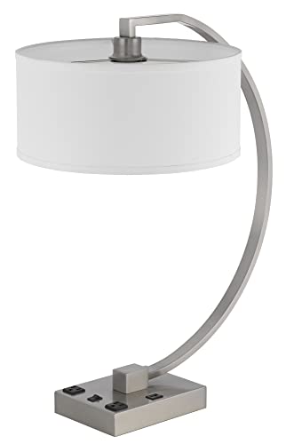 Cal Lighting Metal Desk Lamp with 2 Power Outlets, 1 USB, 14inW x 26inH, Brushed Steel, Model LA-8038DK