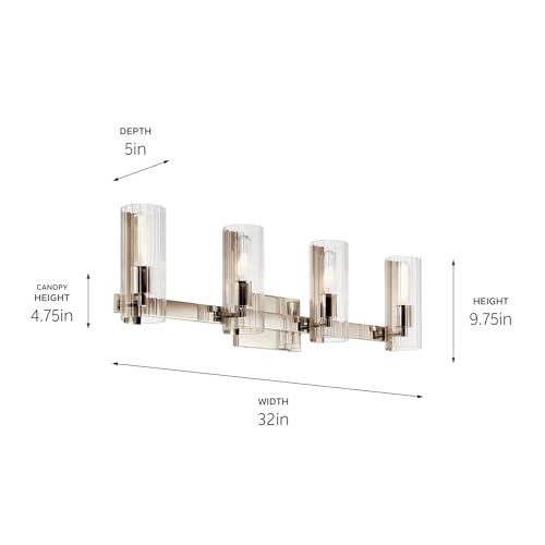Kichler Jemsa 4 Light Vanity, Modern Light With Clear Fluted Glass In Polished Nickel For Bathroom Or Powder Room (9.75'' X 32''