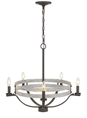 Cal 60W x 5 Metal Chandelier, Natural Wood/Iron, Model FX-3733-5, 25 x 25 x 22.5 Inches