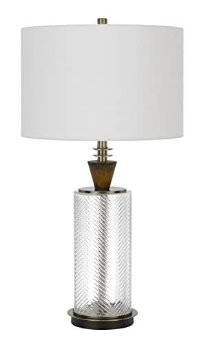 Cal 3 Way Table Lamp, Sherwood Glass, Wood Font, Hardback Fabric Drum Shade, Bronze, Model BO-2987TB