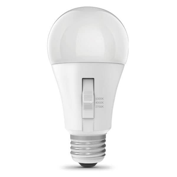Feit Electric LED Light Bulb - Three-Color Selectable - A19 Size - 60W Equivalent - 800 Lumen - Dusk to Dawn Sensor - White Light