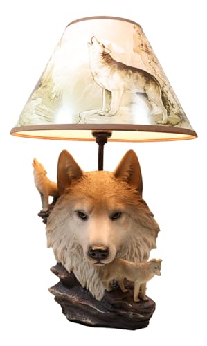 Ebros Gift Wildlife Rustic Full Moon Gray Wolf Akela Head Bust With Howling Wolves On Rocks Sculptural Desktop Side Table Lamp With Shade Home Furnishing 19"Tall Wolves Timber Wolf Family Decor Statue