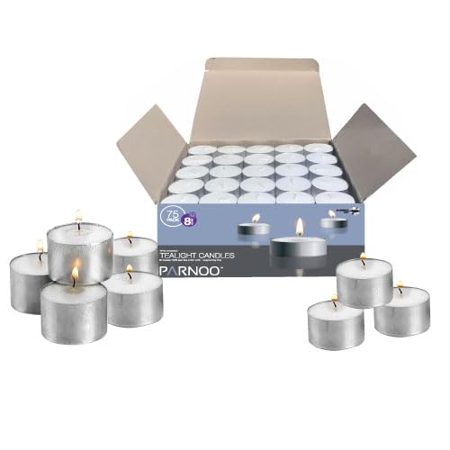 Tealight Candles in Metal Cups - Clean White Unscented with 8 Hour Long-Burning Time, Bulk Votives for Romantic Dinners, Weddings, Spas & Hotels by PARNOO (75 Count, Classic)