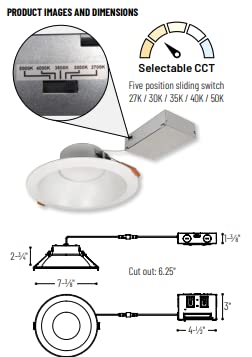 Nora Nlth-61Tw-Mpw Theia Led Downlight With Selectable Cct (2700K/3000K/3500K/4000K/5000K), No Housing Required (6'')