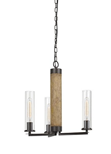 Cal 60W X 3 Metal/Wood Chandelier with Glass Shades, Dark Bronze/Wood, Model FX-3665-3, Edison Bulbs Included