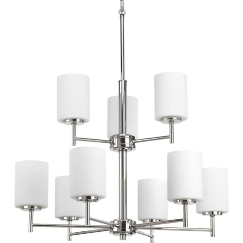 Progress Lighting P4726-104 Replay Collection Etched White Glass Modern Chandelier Light, 9-Light, Polished Nickel