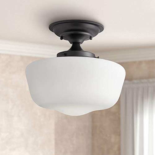Regency Hill Floating Rustic Farmhouse Ceiling Light Semi Flush-Mount Fixture 12 1/4" Wide Black Opal White Glass Shade for Bedroom Kitchen Living Room Hallway Dining Bathroom Schoolhouse
