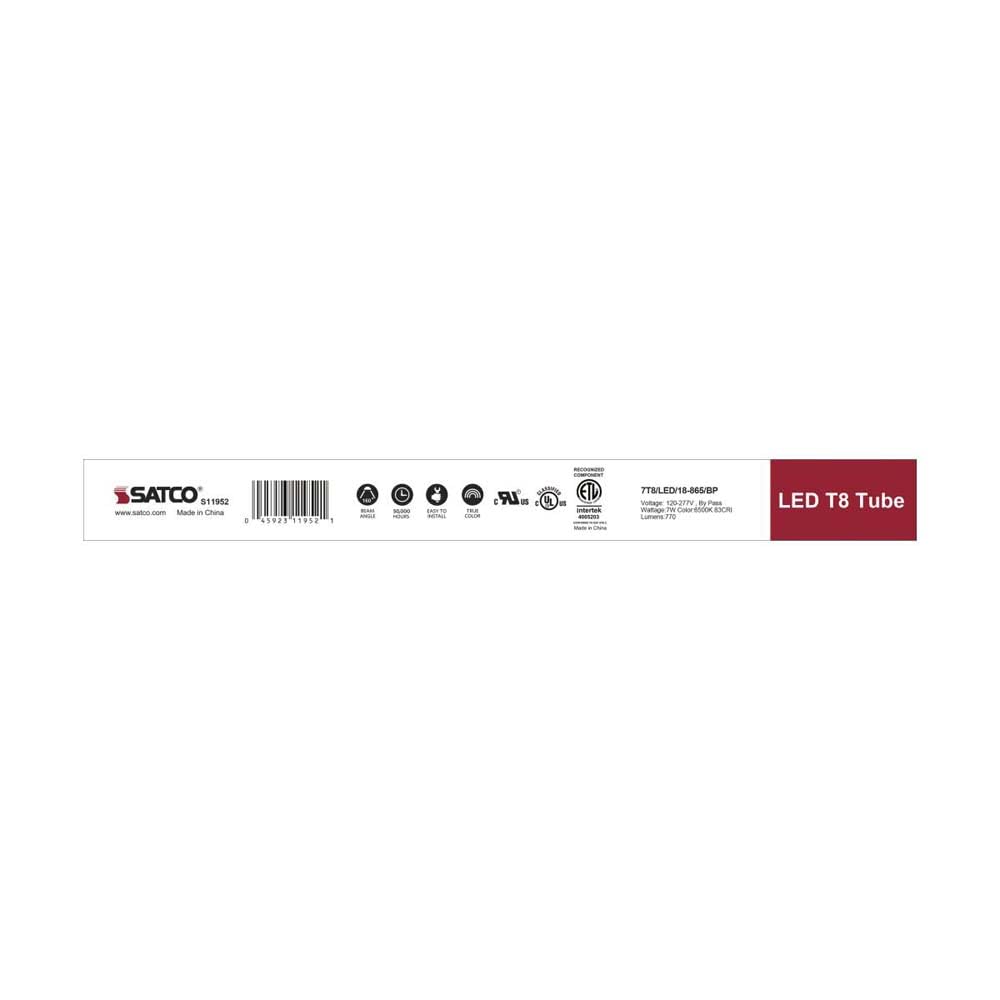 Satco S11952, 7 Watt, 18 Inch, Medium Bi-Pin G13 Base, 6500K, 50000 Average Rated Hours, 770 Lumens, Type B Ballast Bypass, T8 L