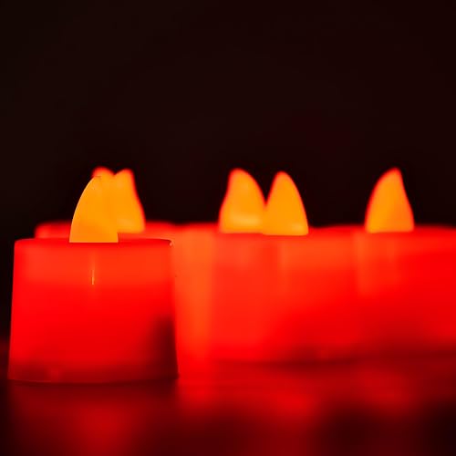 Oblivion 12 Pcs Flameless and Smokeless Decorative Plastic Candles | Realistic Flameless Tealight Candles with Natural Red Light