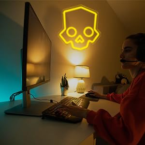 Tiabuy Skull Neon Sign - Hero Diver LED Light Bar, Dimmable, 11x12 Inch, Yellow, Model TB-NS-B-03, Perfect for Game Room and Halloween Decor