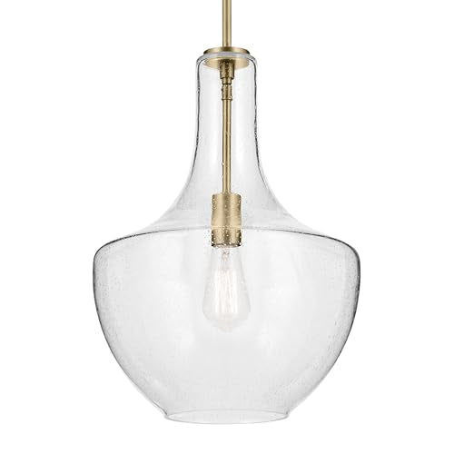 Everly 19.75 1-Light Bell Pendant With Clear Seeded Glass In Brushed Nickel, For Kitchen Island, Dining Nook, Bedroom, (19.75 X