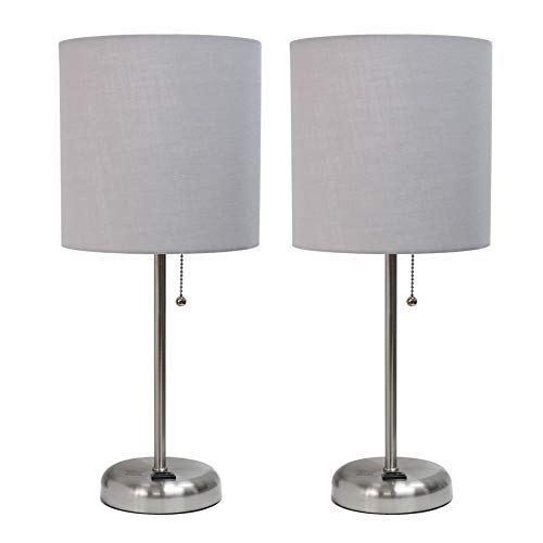 Limelights Brushed Steel Stick Table Lamp Set of 2 with Charging Outlet and Gray Fabric Shade, Model LC2001-GRY-2PK