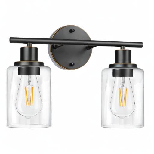 FOLKSMATE 2-Light Bathroom Vanity Light, Oil Rubbed Bronze, Modern Wall Sconces with Glass Shade, 14.17 inch, Model OMTZT-009B