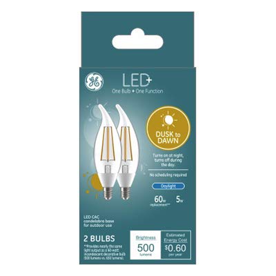 GE LED+ Light Bulbs, Daylight, Dusk-to-Dawn, Candelabra Base, 5W, 2-Pack, Model 93121491