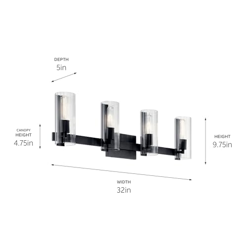 Kichler Jemsa 4 Light Vanity, Modern Light With Clear Fluted Glass In Black For Bathroom Or Powder Room (9.75'' X 32''), 55169Bk