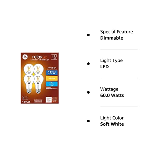 GE Relax LED A19 Soft White Light Bulb, 60W Equivalent, Dimmable, Clear, 4 Count