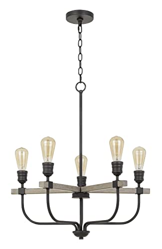 Cal 60W x 5 Sion Metal Chandelier, Natural Wood/Iron, Model FX-3734-5, Size 26 x 26 x 29.5 inches