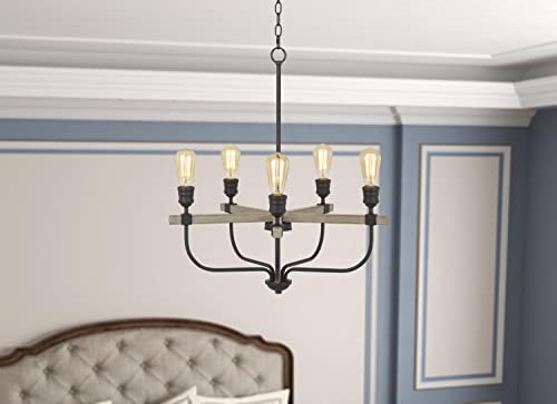 Cal 60W x 5 Sion Metal Chandelier, Natural Wood/Iron, Model FX-3734-5, Size 26 x 26 x 29.5 inches