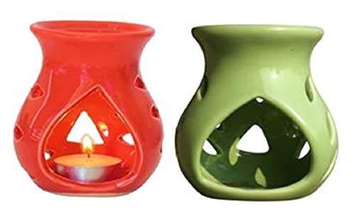 RTWARE Ceramic Clay Candle Operated Aroma Burner Oil Diffuser for Home Fragrance (Red & Green) -Set of 2