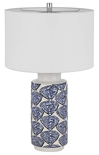 Cal Lighting Bo-3044Tb-2 Cambiago Ceramic Table Lamp With Blue Seashell Pattern And Linen Drum Shade