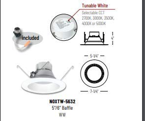 Nora Noxtw-5632Ww Onyx Tunable Retrofit Baffle Trim - 27/30/35/40/5000K, 90+Cri, 120V (White, 5/6'')