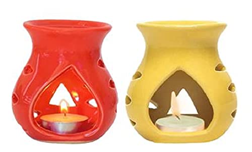 RTWARE Ceramic Clay Candle Operated Aroma Burner Oil Diffuser for Home Fragrance (Red & Yellow) -Set of 2