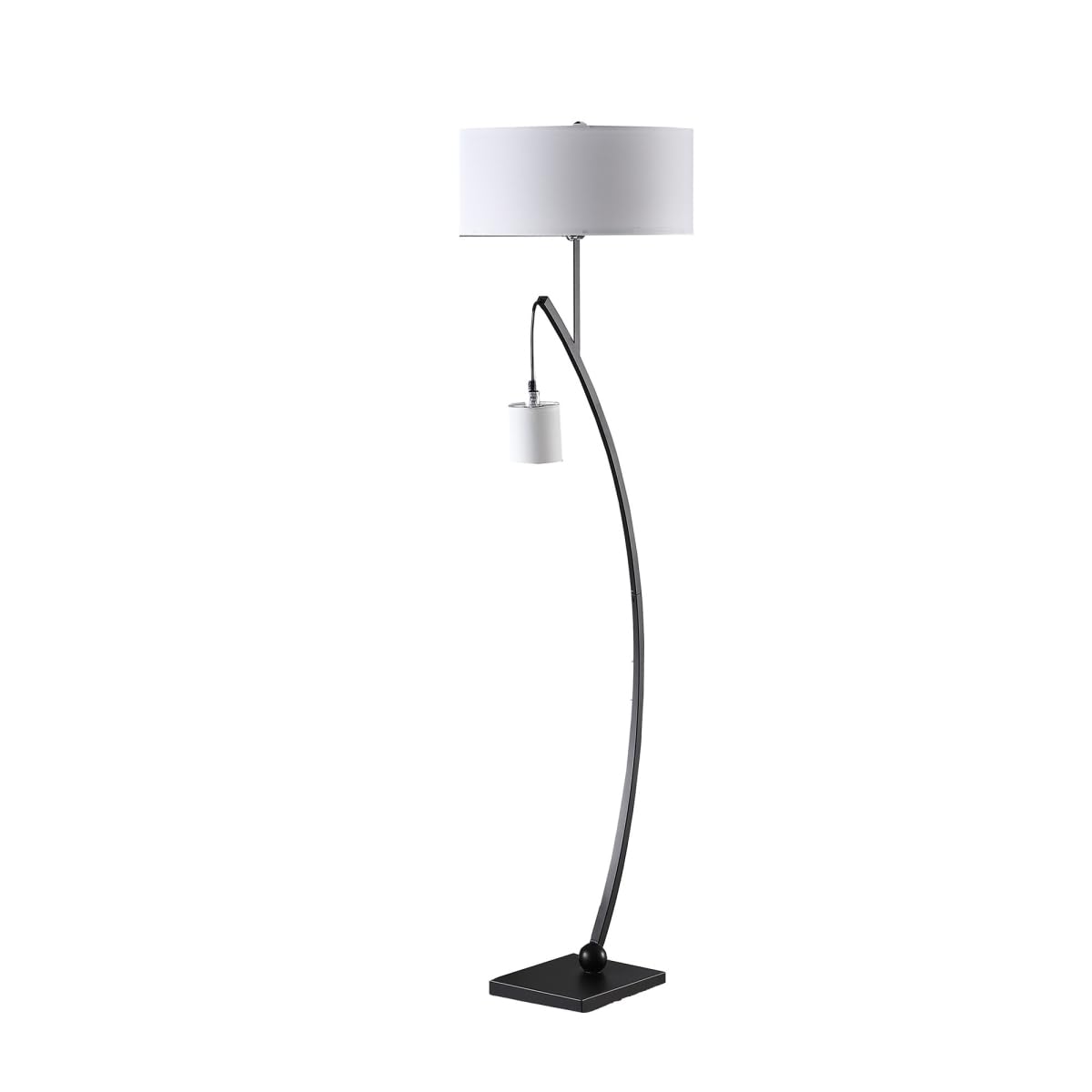 HomeRoots Matte Black Dual Arc Floor Lamp with White Drum Shade, 59 in. Height, Metal Construction