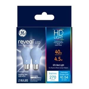 GE Reveal HD+ LED Light Bulbs, 40 Watt A15 Ceiling Fan Bulbs, Frosted, Medium Base, Model 31885, 2 Pack