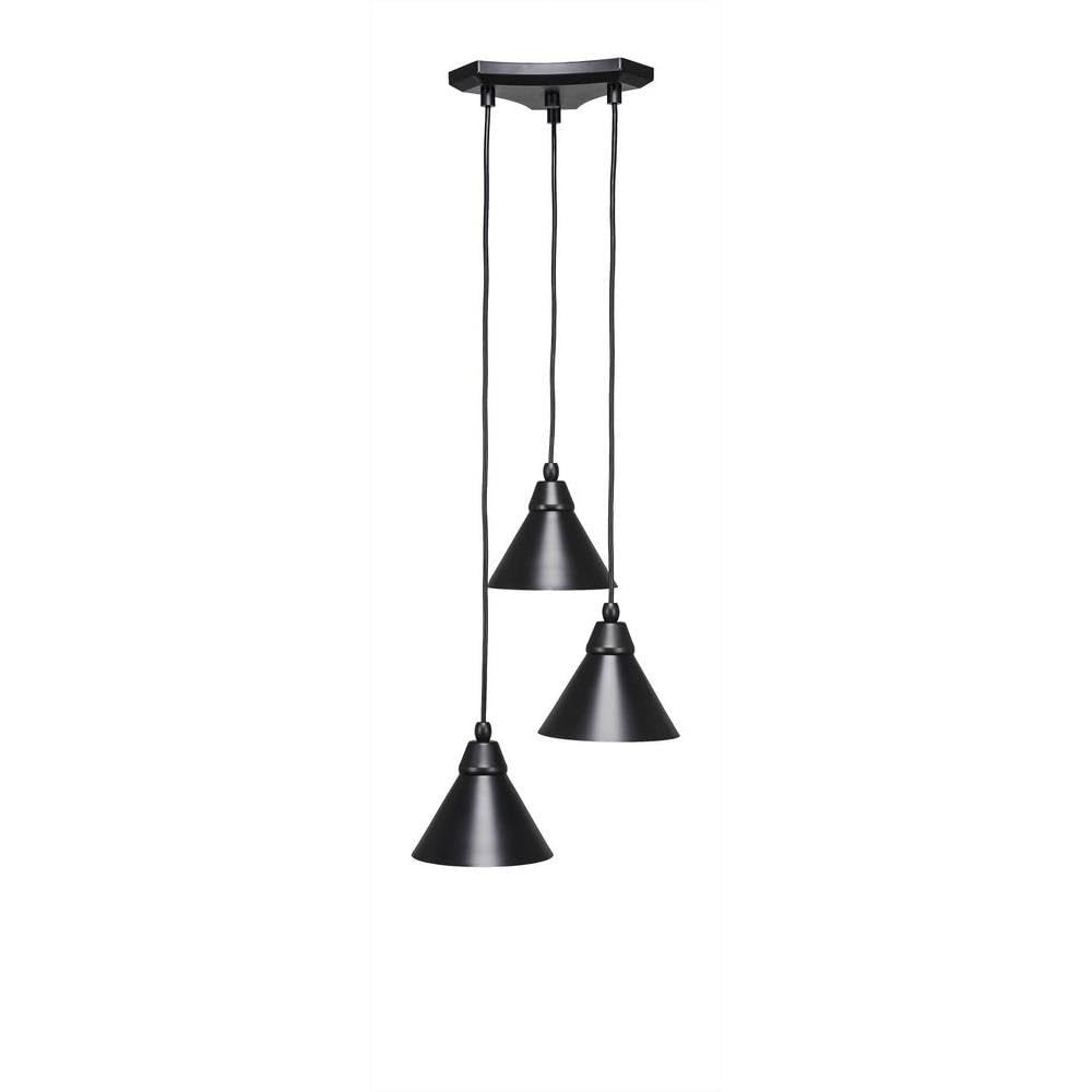 Toltec Lighting 28-Mb-421 Europa 3 Light Multi-Light Mini Pendant With Cone Metal Shade, 7&quot;, Matte Black