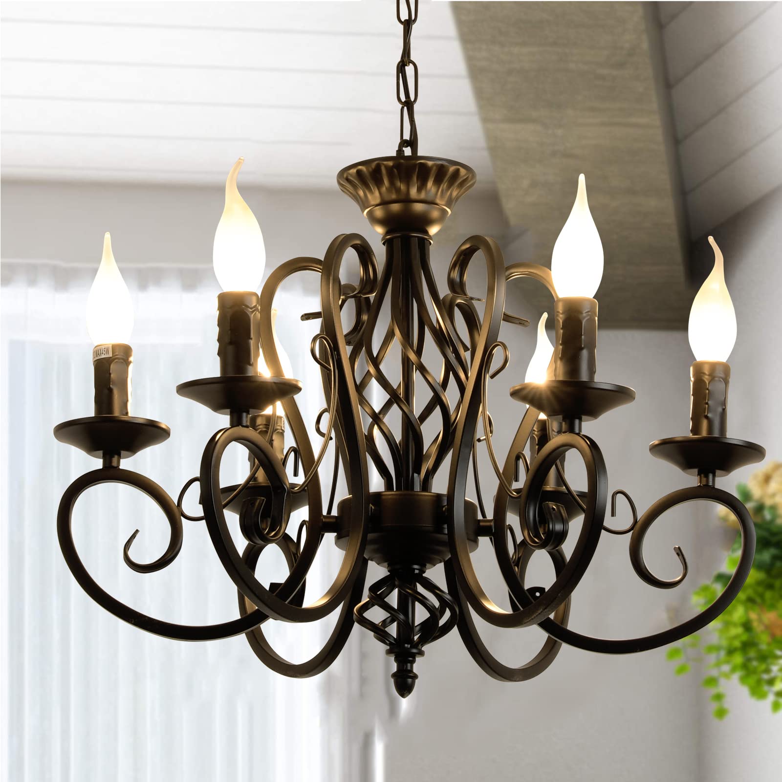 Ganeed Black Iron Chandelier, 6 Lights Vintage Pendant Light Fixture for Kitchen, Dining Room, Bedroom, Model TC-HD092-6